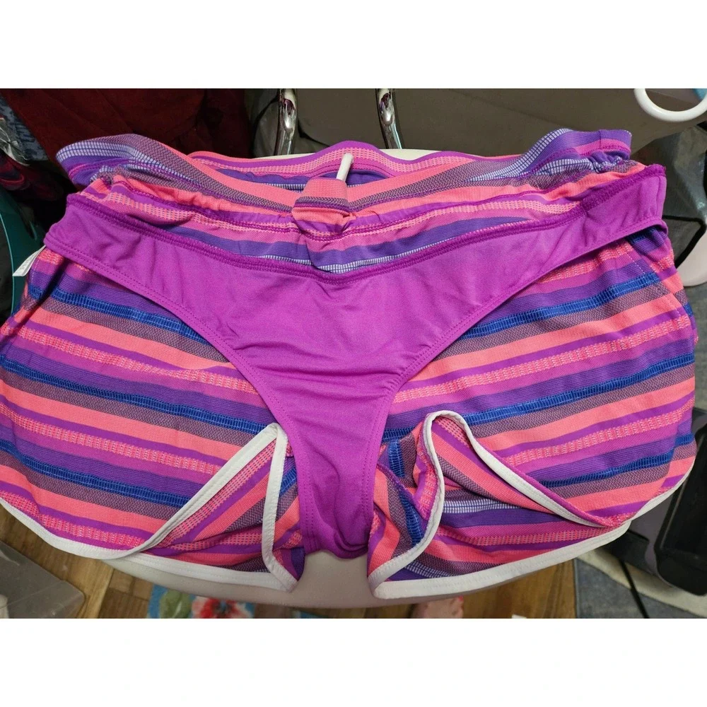 Athleta Hybrid Swim Shorts Women XL Purple Beachside Shortie Pink Stripes #820